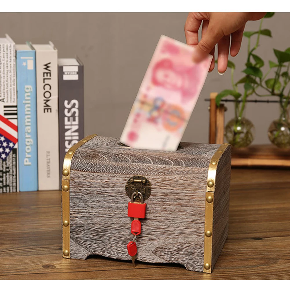 

Retro Treasure Box Creative Wooden Piggy Bank Safe Handmade Wood Carving Money Box Savings with Lock for Children Teens- Extra L