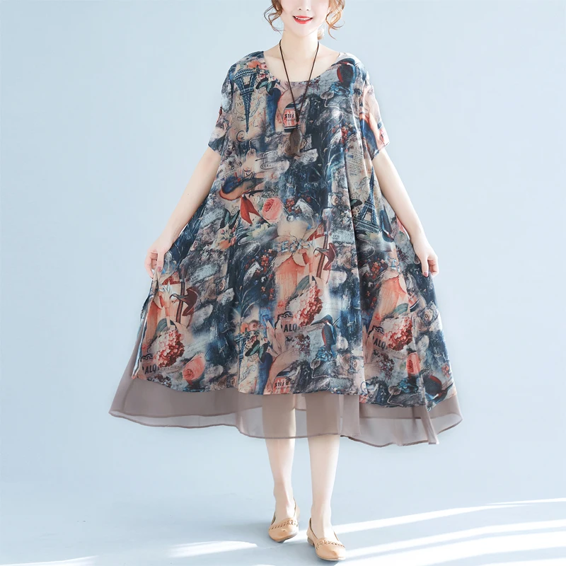 

plus Size Floral Print Chiffon Dr Summer Belly Cover Midi Slimming Sli Big Skirt Women's Clothing Commute Sle round ...