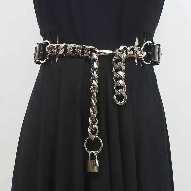 

Pu Leather Black Thick Metal Chain Long Wide Belt Personality Women New Fashion Tide All-match Spring Autumn 2025