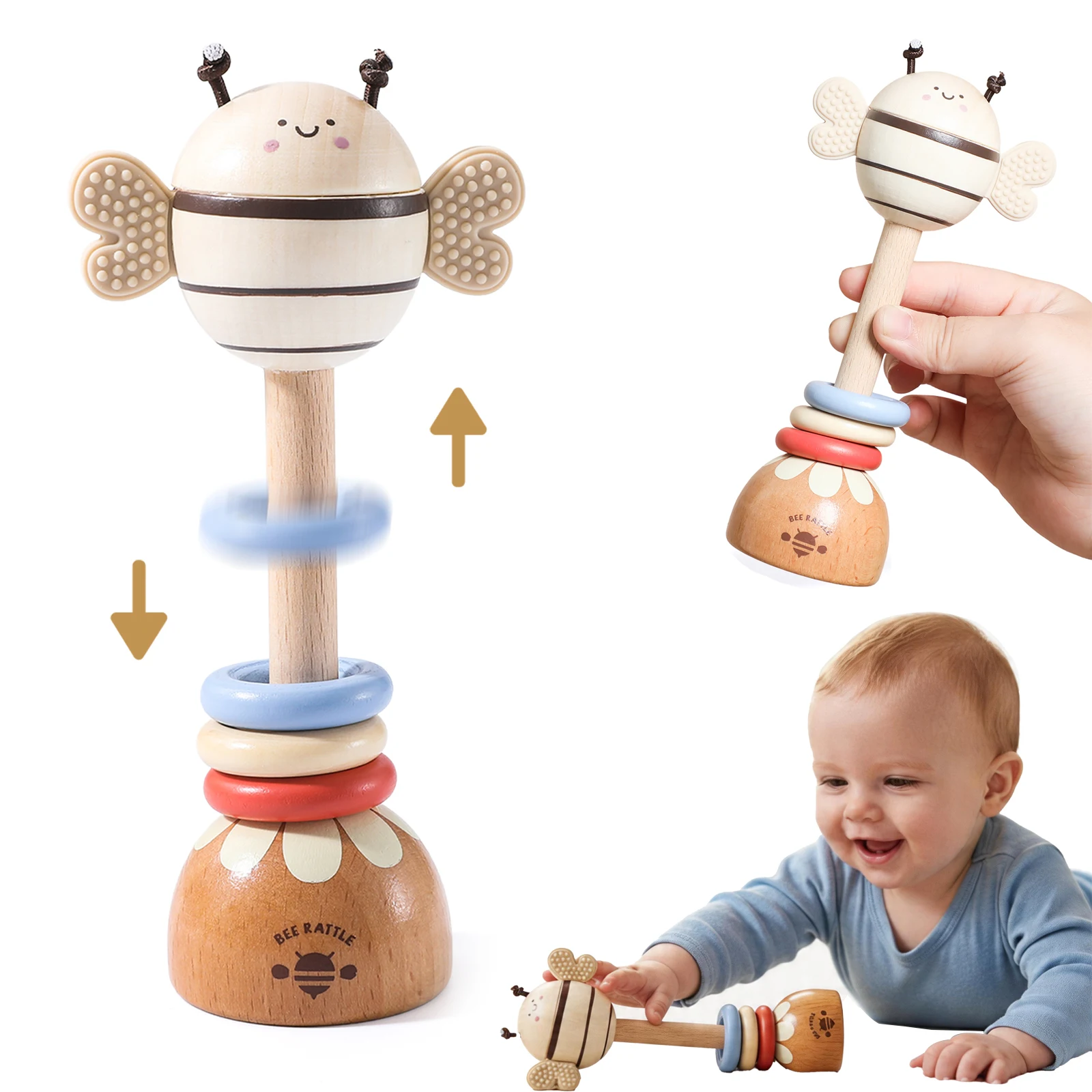 Wooden Bee Baby Rattle Silicone Parts Smooth Fine Motor Skills Hand Eye Coordination Musical Enlightenment Cute Styling Gift