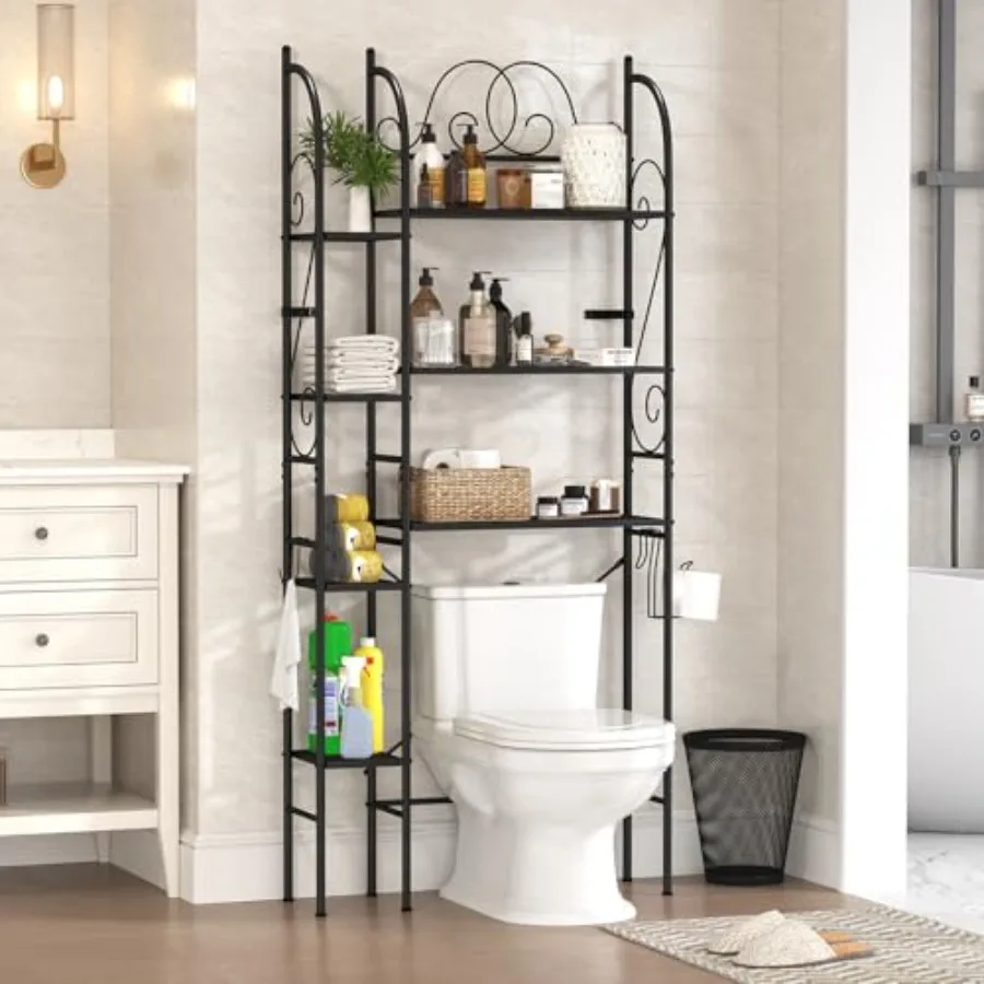 

7-Tier Over the Toilet Storage Rack Heavy-Duty Metal Bathroom Organizer with Adjustable Shelf Toilet Paper Holder Side Hooks Sp