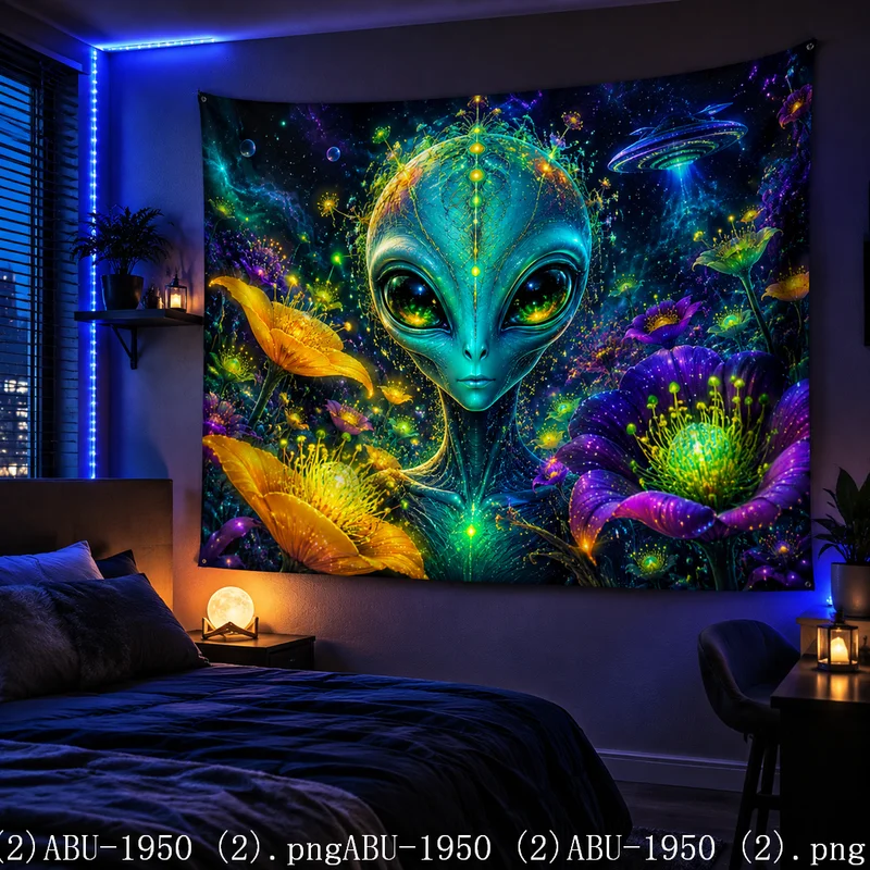 VIKAMA Alien Dance UFO Tapestry Neon Glowing Space Fantasy Room Aesthetic Wall Hanging