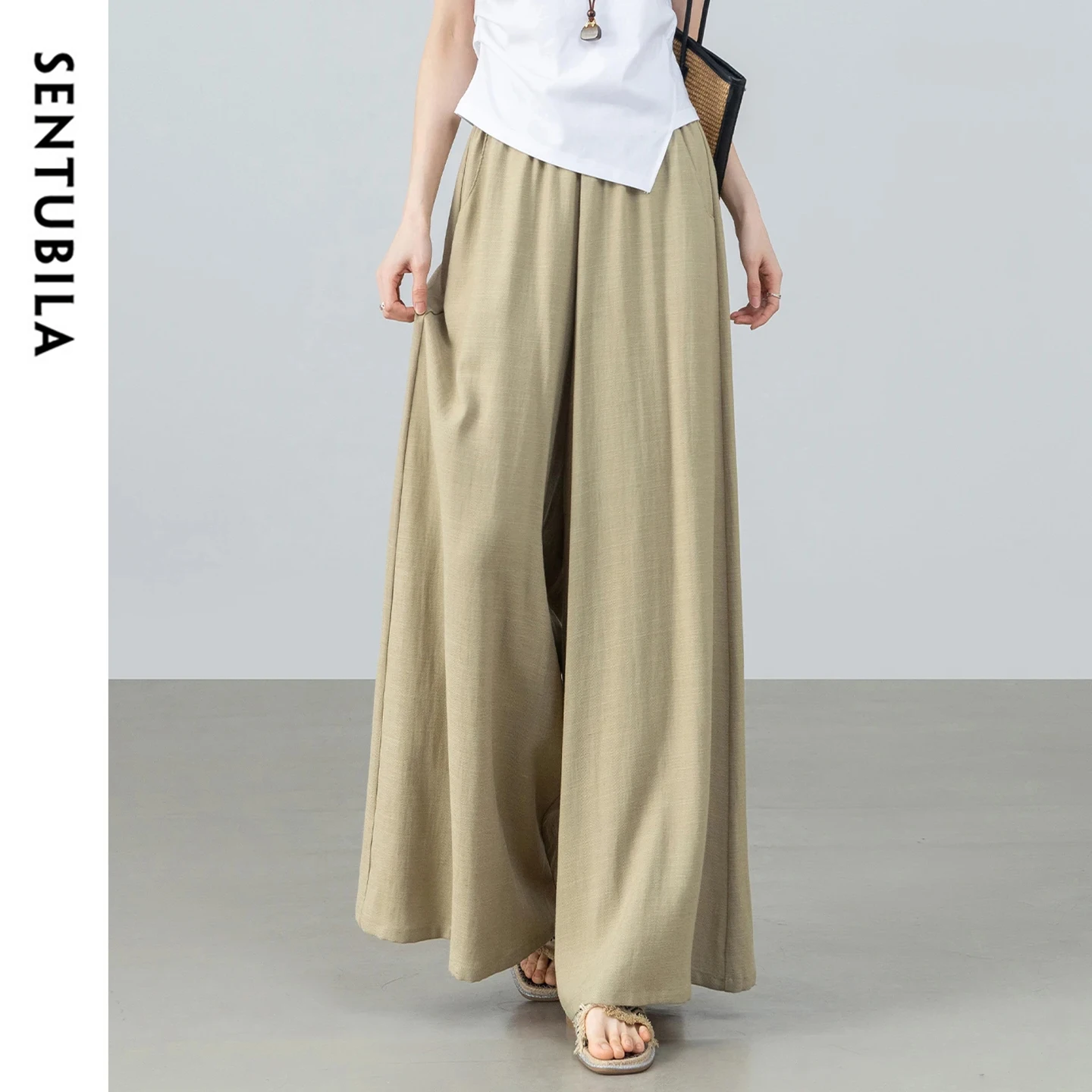 SENTUBILA Women's Linen Lyocell Culottes Wide Leg Pants 2026 Summer Elastic Waist Loose Casual Trousers Ladies Clothes 162KD5856