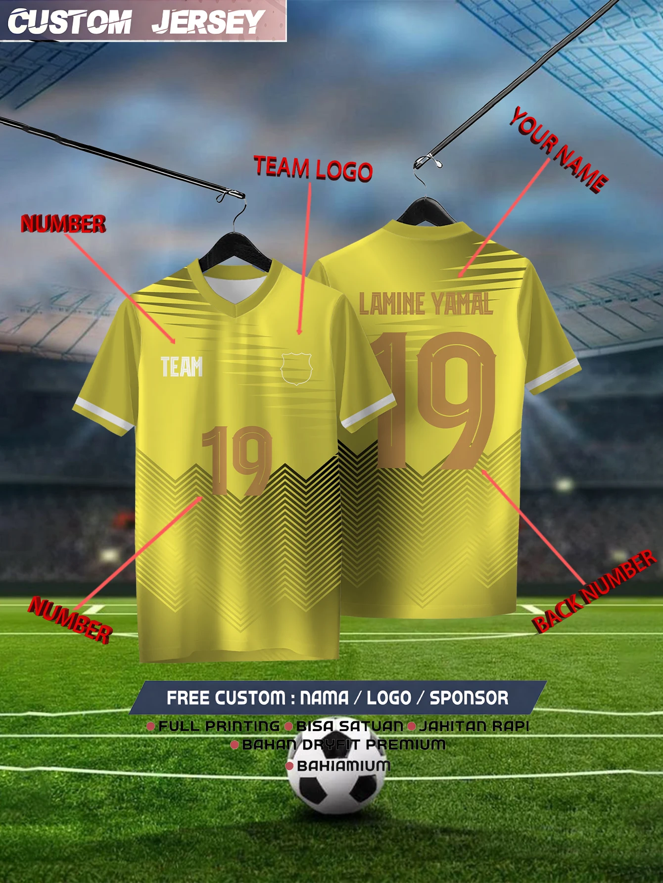 

Customized Geometric Yellow Short Sleeved Shirt with Team Name, Emblem, Name and Number, Outdoor Sports Short Sleeved T-shirt
