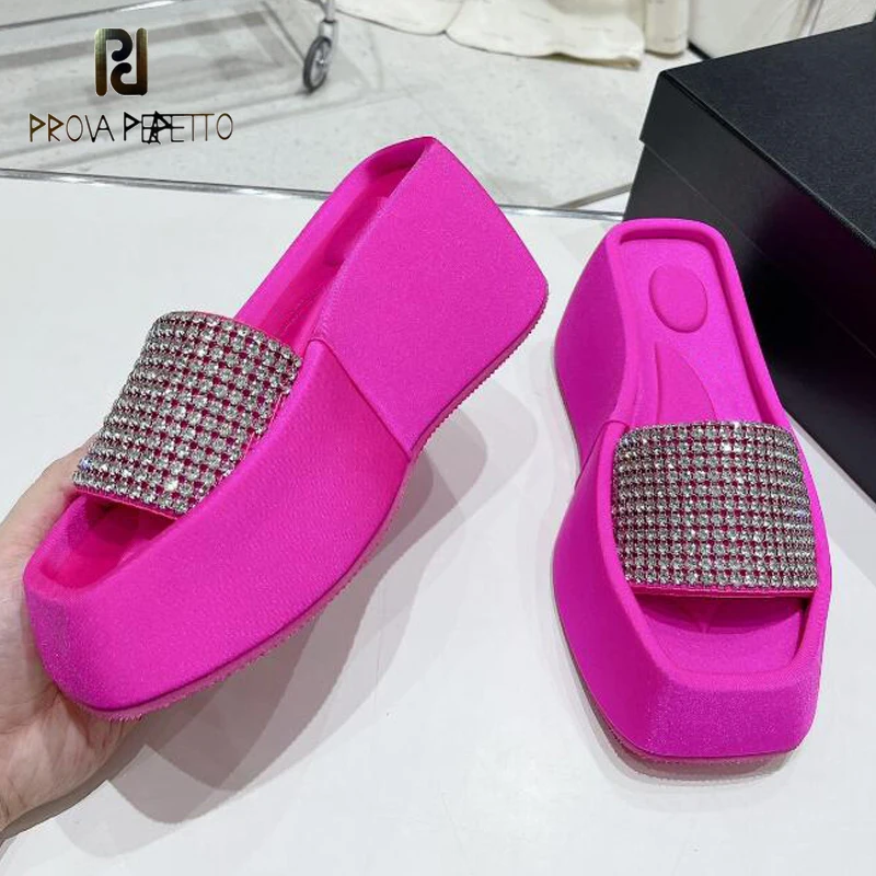 Thick Sole Women Summer Slipper Shoes Full Diamond Strap Slip on Open Toe Designer Height Increasing Girls Sandal Shoe