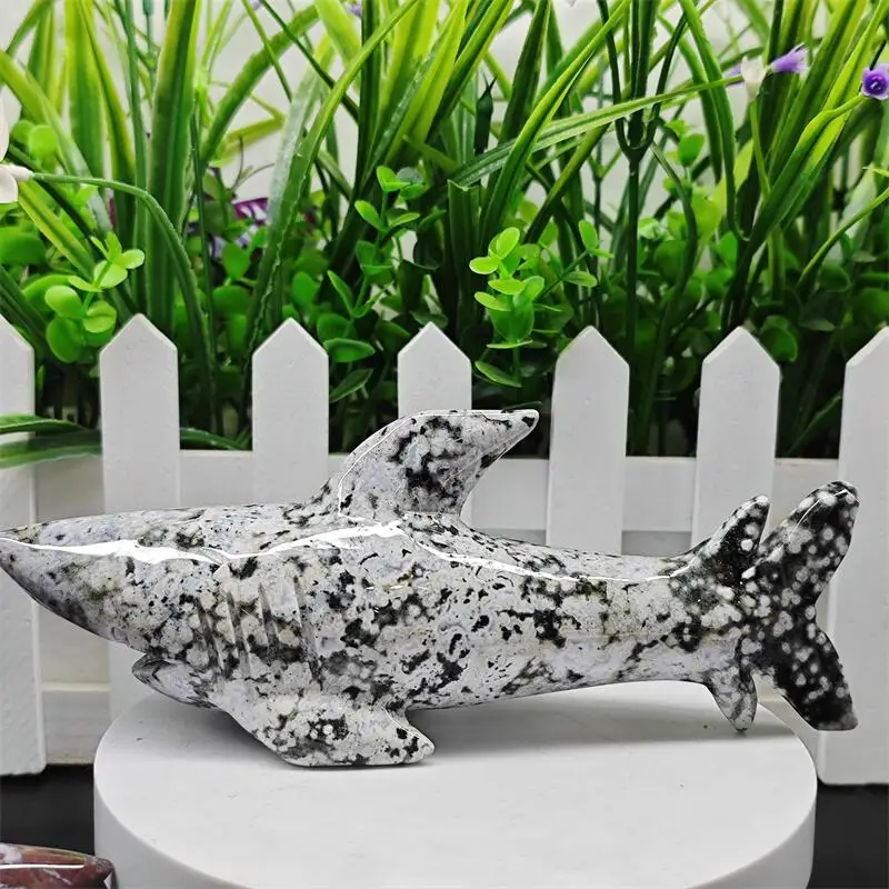 Natural Ocean Jasper Shark Carving Reiki Healing Fengshui Stone Home Office Decoration Holiday Gift 1PCS
