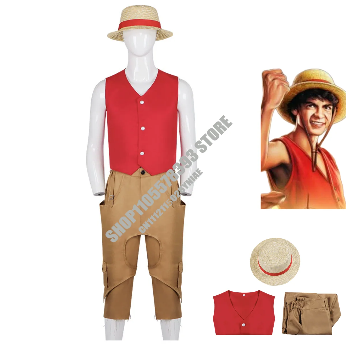 

Anime Movies Monkey D. Luffy Cosplay Costume Straw Hat Boy Red Vest Top Uniform Hat Adult Man Woman Halloween Christmas Suit