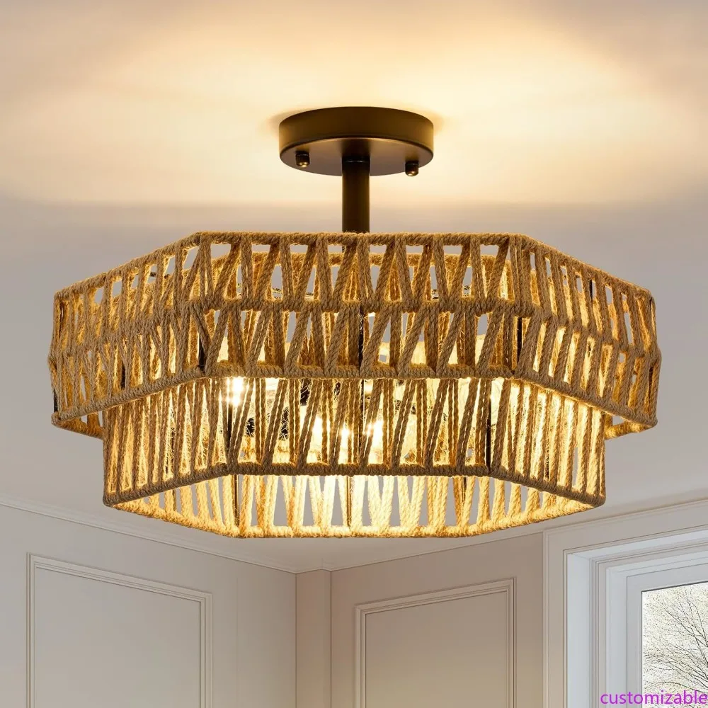 ريفي بوهو 3-Light شبه فلوش جبل تركيبات السقف مع حبل القنب المنسوج وتصميم سداسية مزدوجة #1