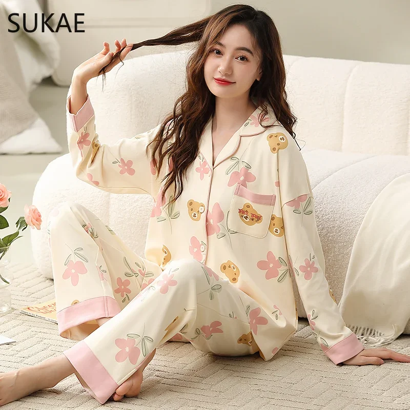 SUKAE Spring New M-3XL Fashion Womans Pajamas Set Long Sleeves Turn-down Collar Pijama Cardigan Nightwear Leisure Girl Sleepwear