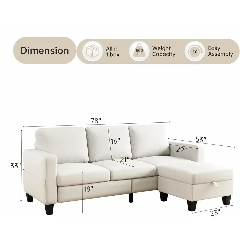 Beige L-Shaped Sectional Sofa with Storage Ottoman, Deep Seat, Pet-Friendly Linen Fabric for Small Spaces