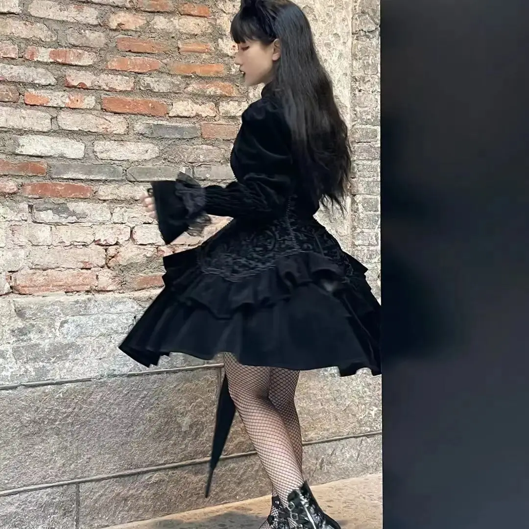 Vestido lolita estilo gótico para mulheres, preto, lolita, estilo chinês, comprimento total, princesa, escuro, diário, novo, inverno