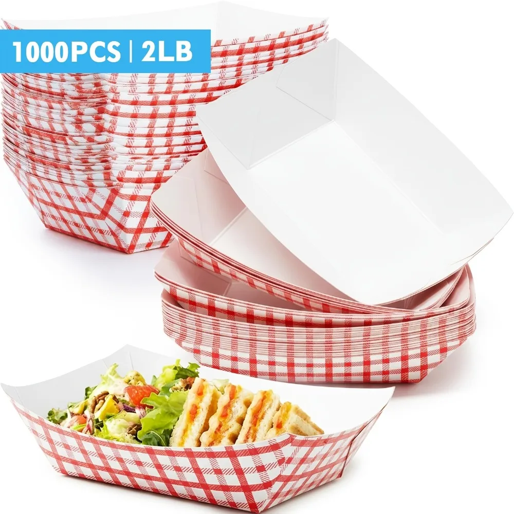 

1000 Pack 2lb Red Paper Trays | Heavy-Duty Disposable Serving Basket for French Fries, Nachos, Snacks, Hot Dogs, Tacos, BBQ
