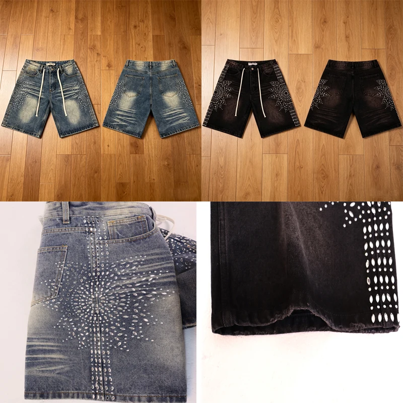 

2026 Summer Trend Beaded Print Retro High Street Men's Women's Vale Denim Shorts