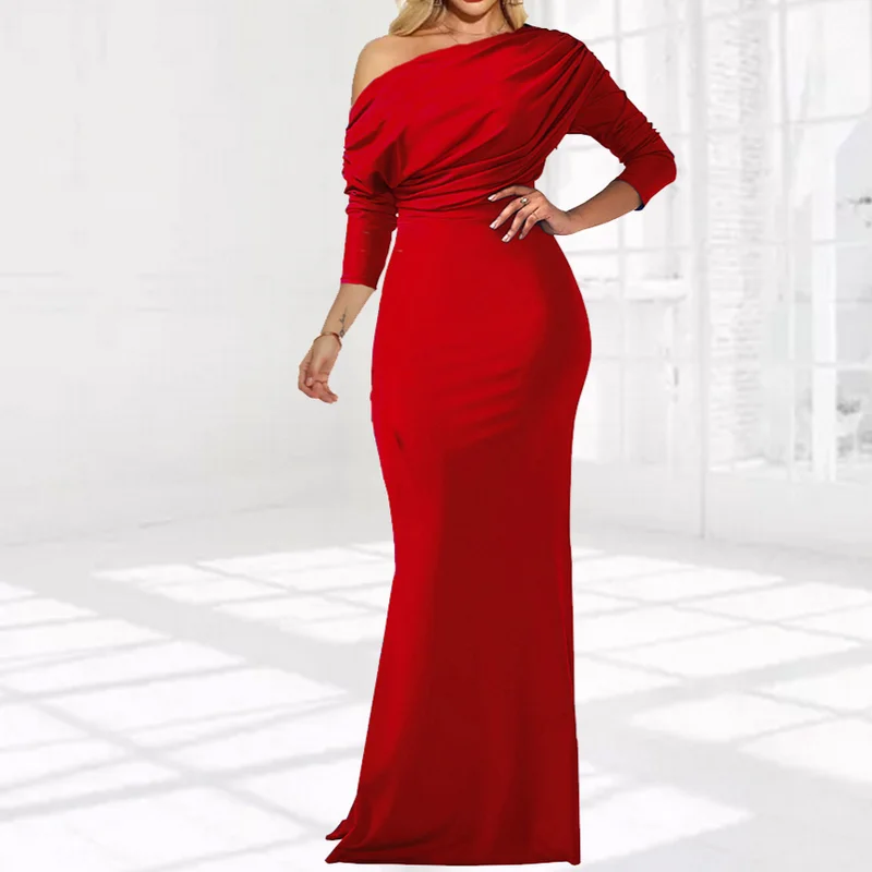 2023 New Elegant Banquet Women Summer Club Sexy One Shoulder Long Sleeve Casual Slim Split Long Party Dress Vestidos Cottagecore