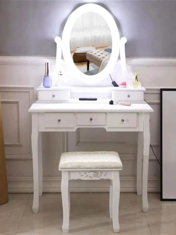 Dressing Table with Sliding Mirror and Stool Makeup Desk Cosmetic Table with 5 Drawers Light Bulbs Set for Bedroom