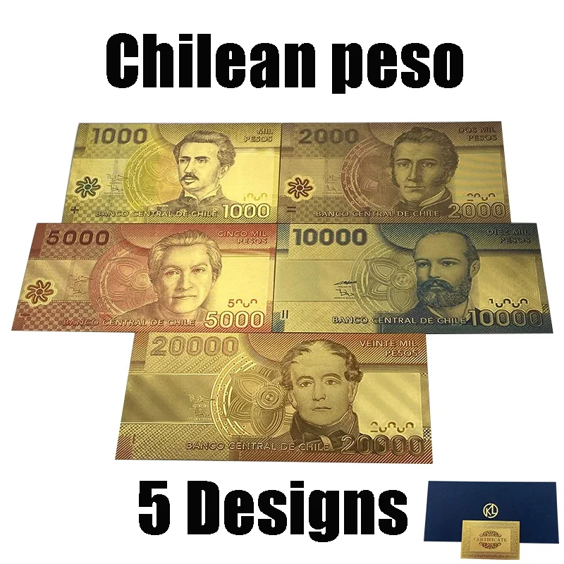 5 تصاميم ملونة جميلة تشيلي 1,000 2,000 5,000 10,000 20,000 أوراق نقدية ذهبية بيسو تشيلي مطلية بالذهب عيار 24 قيراط للتجميع