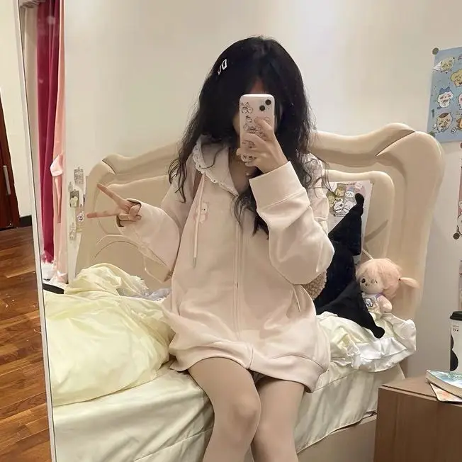 Y2k renda orelha zíper moletom com capuz jaet menina outono inverno japonês sle bonito subcultura otaku topo feminino faion escola orm