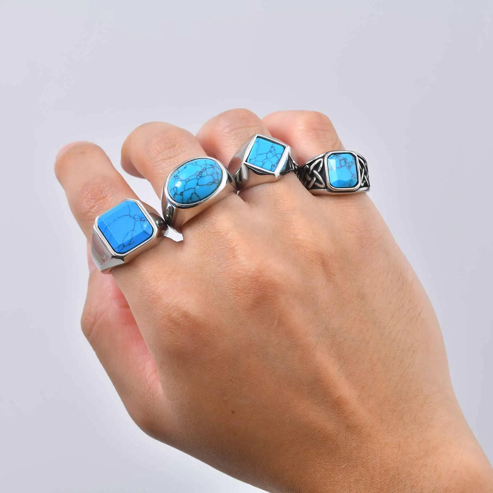 Vnox Herren-Siegelring mit Türkis-Stein, Retro Edelstahl Quadratischer Ovaler Fingerring, Western Vintage Punk Schmuck Geschenk für Männer – Detail 4