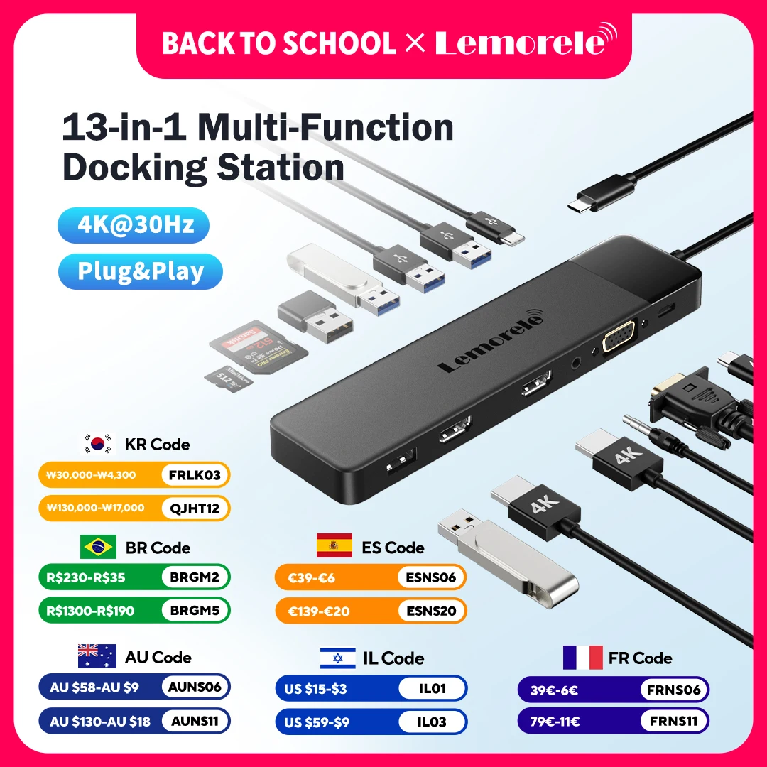 Desk Setup Usb Hub - Lemorele 13-in-1 USB C HUB 4K30Hz