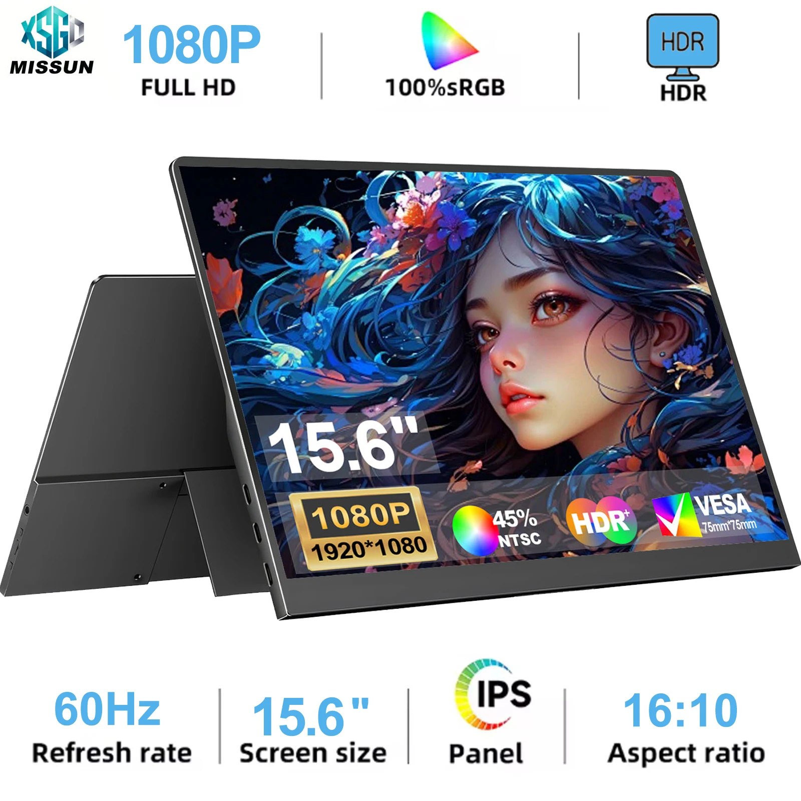 MISSUN 15.6 Inch FHD Portable Monitor, 19201080 IPS HDR, 60Hz Refresh Rate, Eye-Care Screen. Compatible with PC, Laptops an