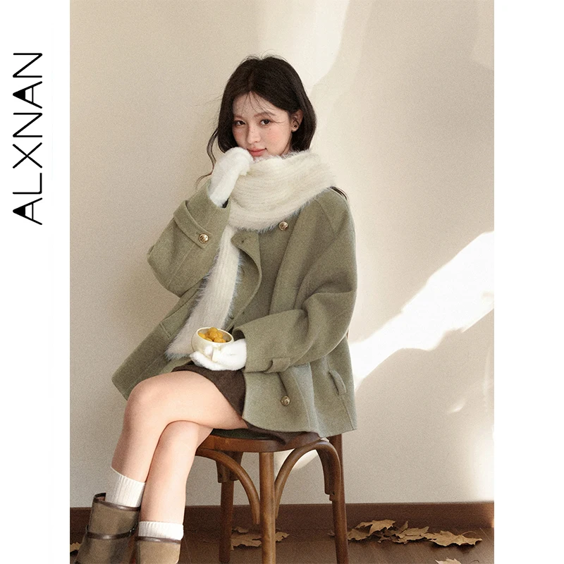 ALXNAN 그린 숏 울 코트 여성 2026 봄 신상 하이 칼라 루즈핏 우아한 따뜻한 재킷 캐주얼 오피스 레이디 탑스 L57851