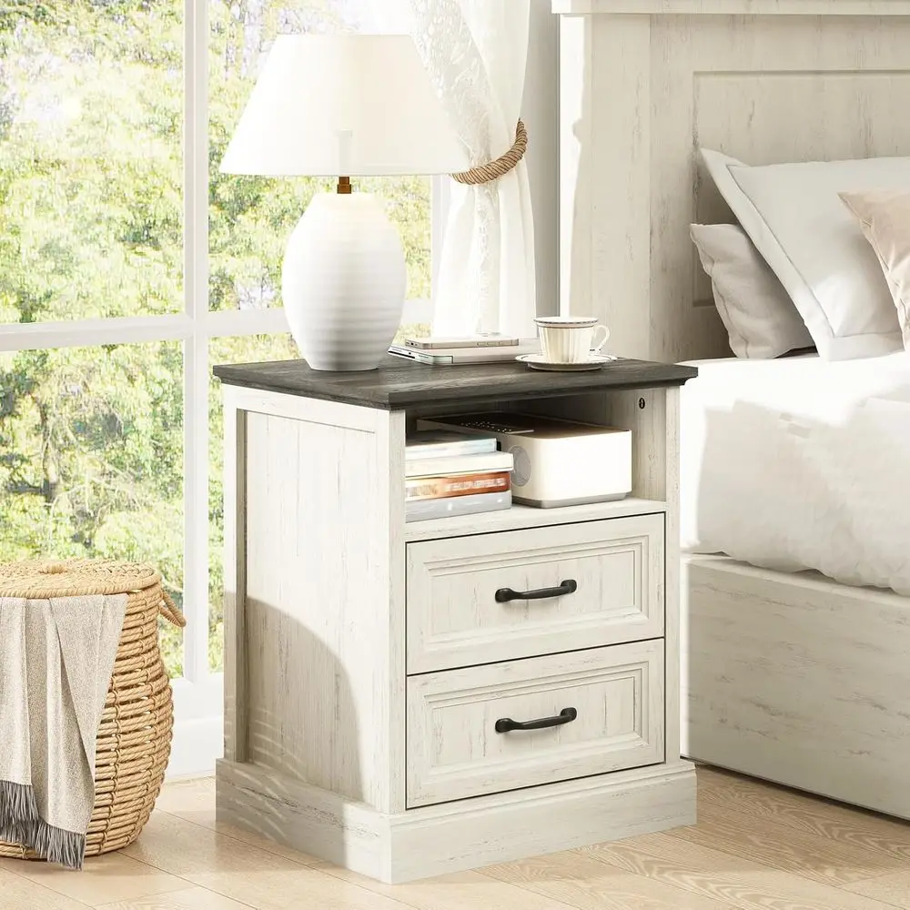 

20 White Nightstand with 2 Drawers and Open Storage for Bedroom or Living Room
