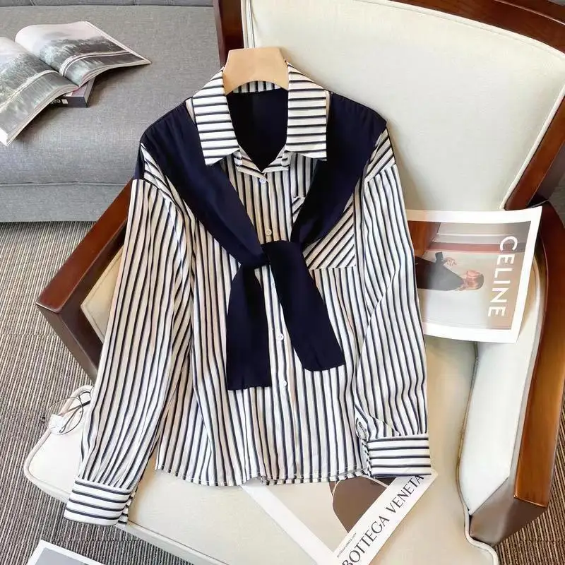 

Grils Spring New Loose Slim-fit Shirt Striped Top Clothes Women's Long-sleeve Striped Shirt Fake Two-piece Shawl Shirt
