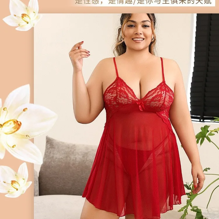 5XL Plus Size Lingerie Women Sexy Mesh See Through Nightgown Lace Babydoll Strappy Chemise Nightwear V-neck A-Line Nightdress