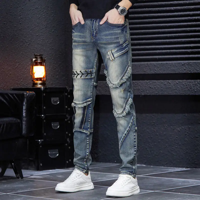 2023 Fashion Brand Embroidery Zipper Ragged Edge Panel Men\'s Jeans Retro Wearing Rope Korean Version Retro demin jeans