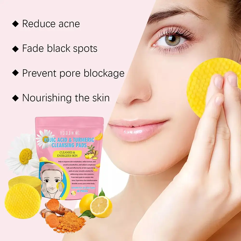 Turmeric Kojic Acid Facial Exfoliating Cleansing Pads Lemon deeply Cleansing skin brightening Whitening Cotton pad skin care