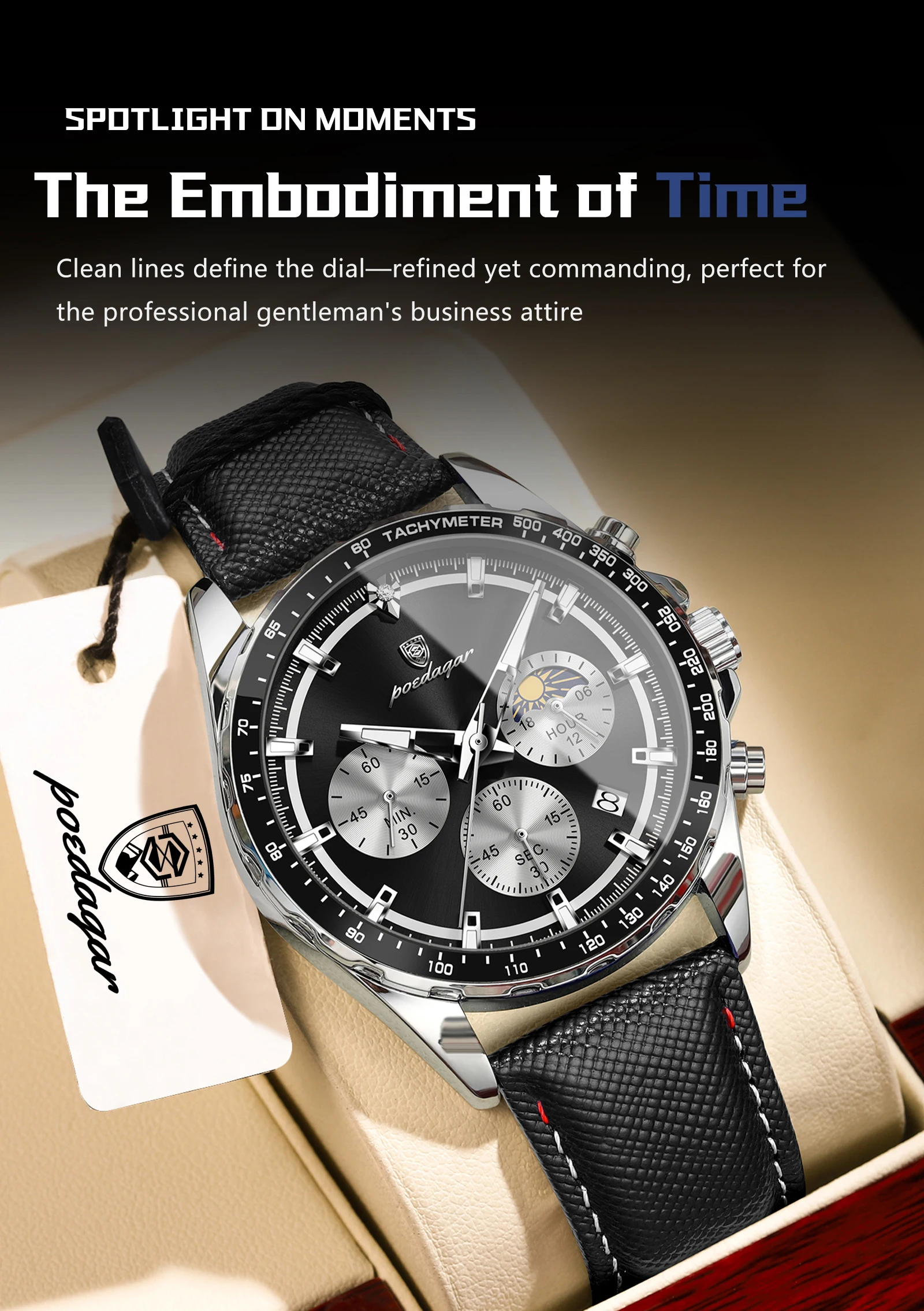 POEDAGAR Top Original Herrenuhren Leuchtend Wasserdicht Modische Männeruhr Leder Chronograph Datum Quarz Sport Herren Armbanduhr – Detail 5
