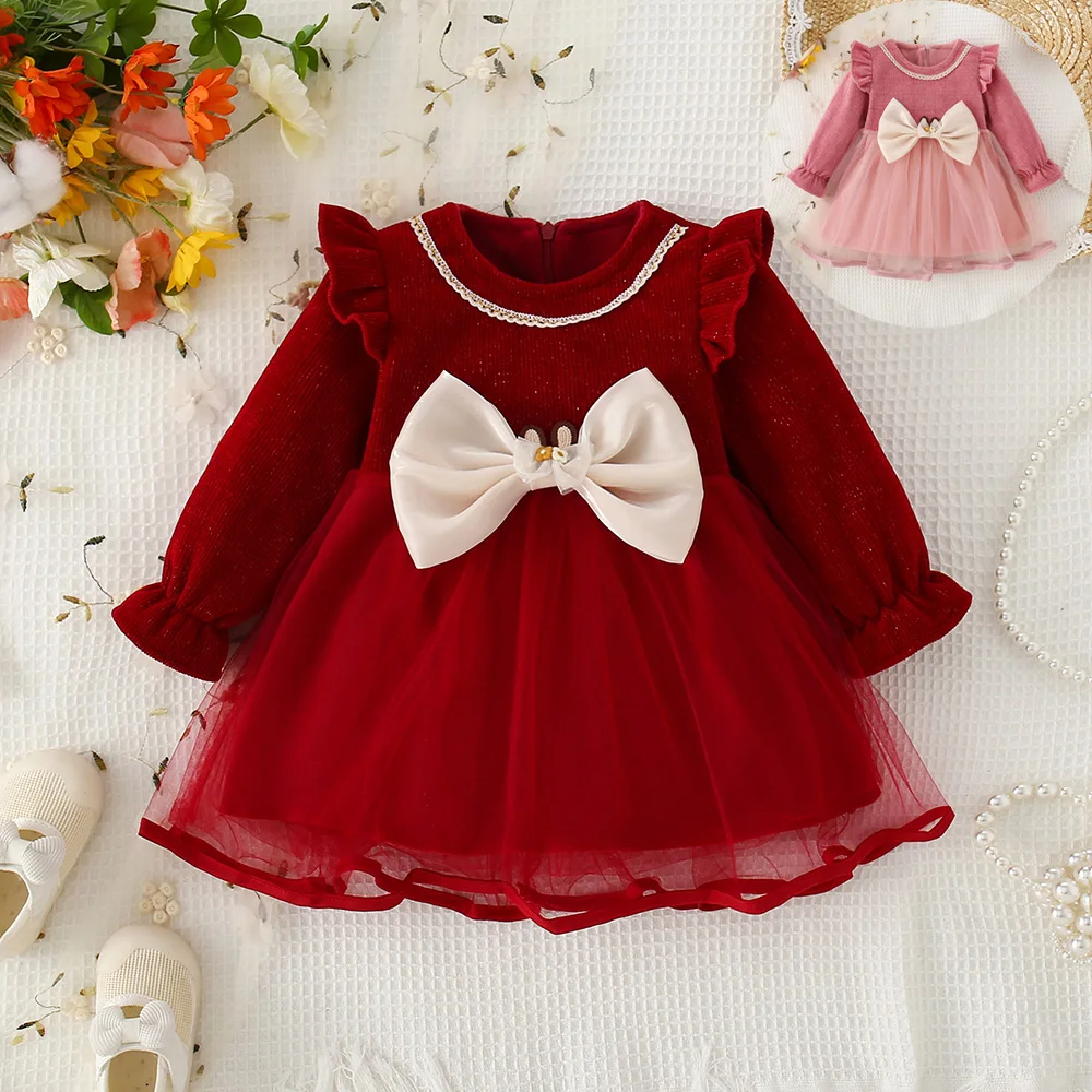 Autumn Girl Bow Long Sleeve Mesh Princess Dress With Lace Decoration Solid Round Neck Birthday Red Sweet Dress New Year Clothes