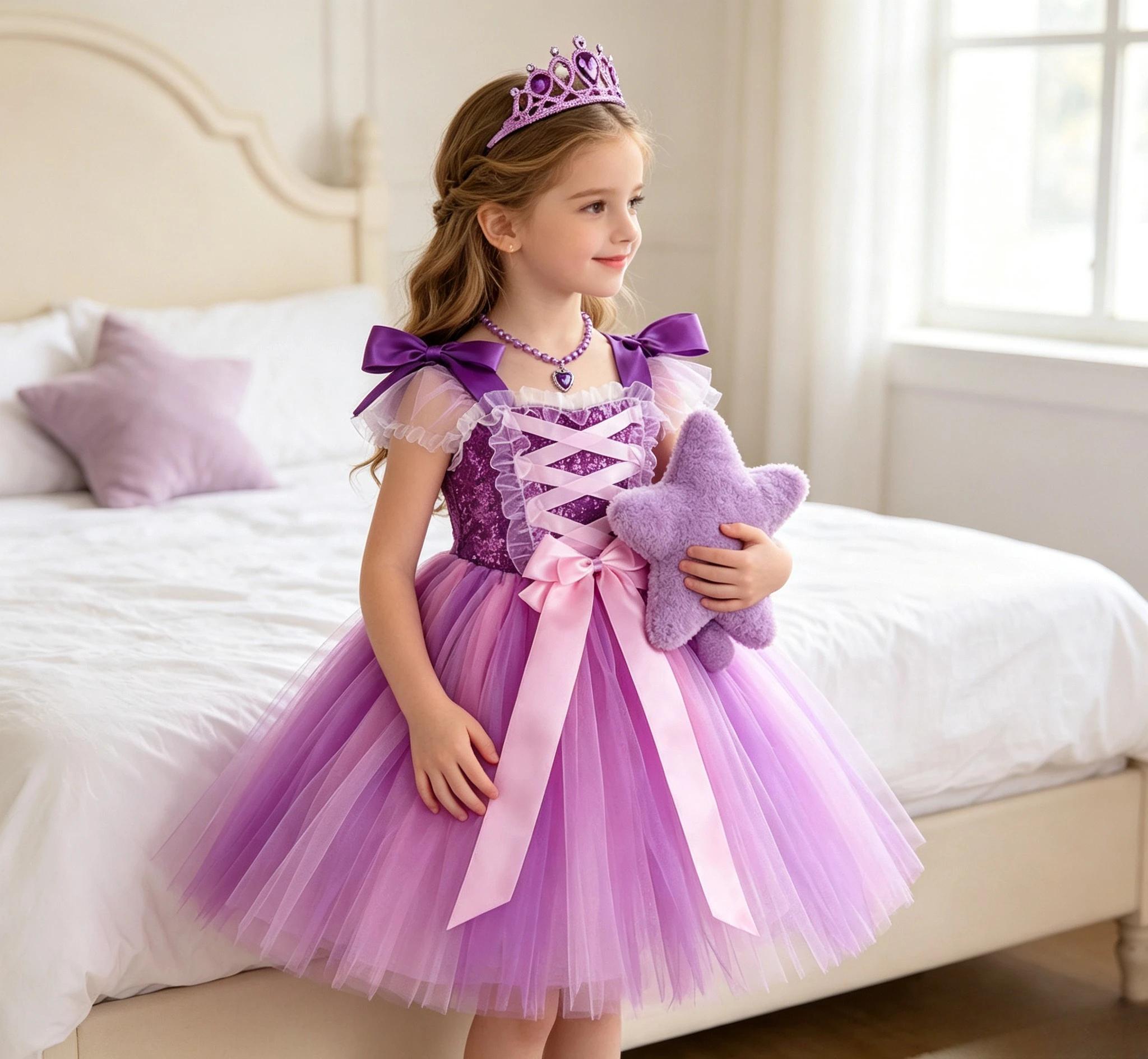 Girls Purple Sequin Elegant Halter Neck Princess Tutu Dress With Crown Necklace Earrings Set Kids Birthday Holiday Party Outfit