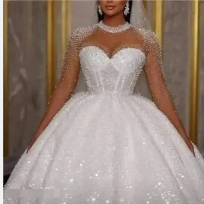 Maßgeschneiderte luxuriöse A-Linien-Hochzeitskleider mit Pailletten, Perlen und langen Ärmeln, Brautkleid mit Schleppe 2026 Vestido De Noiva – Detail 4