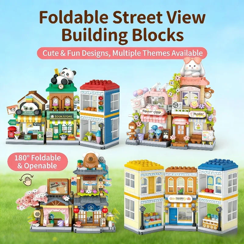 Foldable Street View Series Capybara House Panda Book Shop Mold Block Building Blocks Chinese Mini City Shop Bricks Toy for Kid