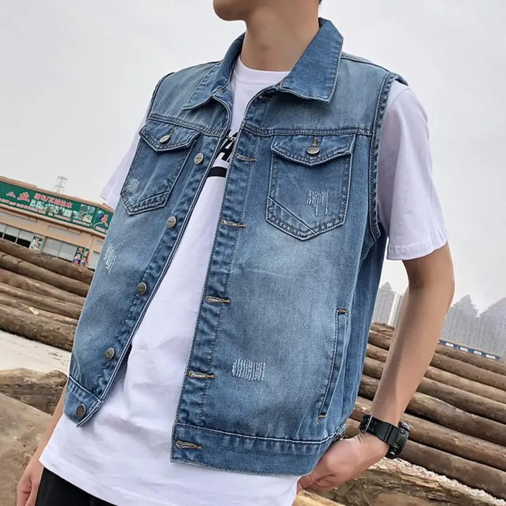 Men Denim Vests 2024 Spring Summer Ripped Long Hole Jeans WaistcoatFashion Sleeveless Casual Jacket Outerwear