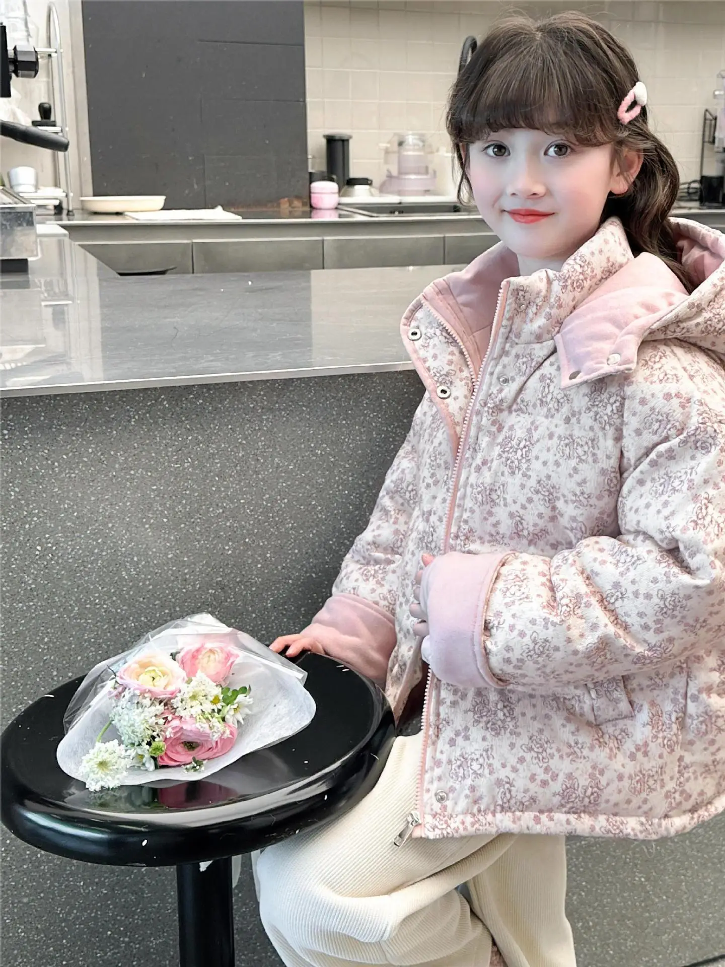 

Модное хлопковое дэт с цветочным принтом, Thiened, зимнее пальто для девочек, детский высокий воротник, внутренняя подкладка из полиэфирного волокна, китайский бренд