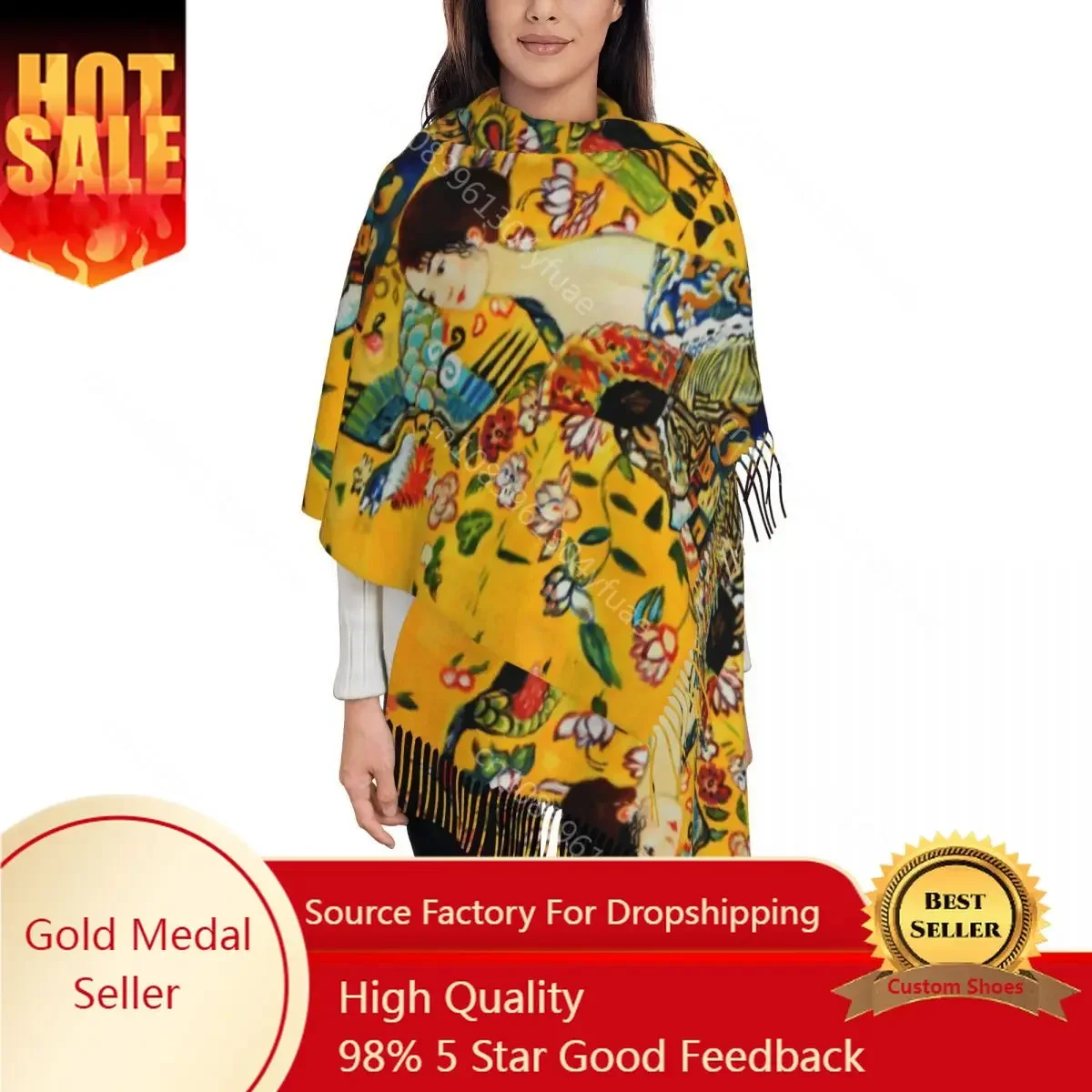 

Womens Tassel Scarf Gustav Klimt Long Super Soft Shawl Wrap Lady with Fan Gifts Pashmina Scarves