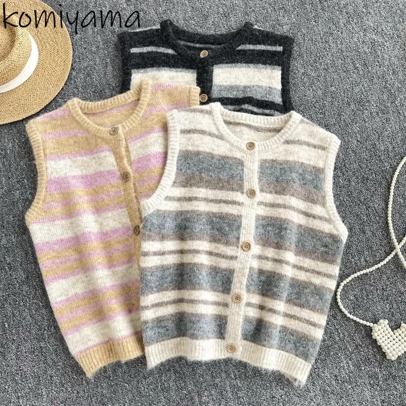 Elegant Fresh Striped Outerwears Vest Chalecos Mujeres Knitted Tops Single Breasted Ropa Round Neck Sleeveless Sweater