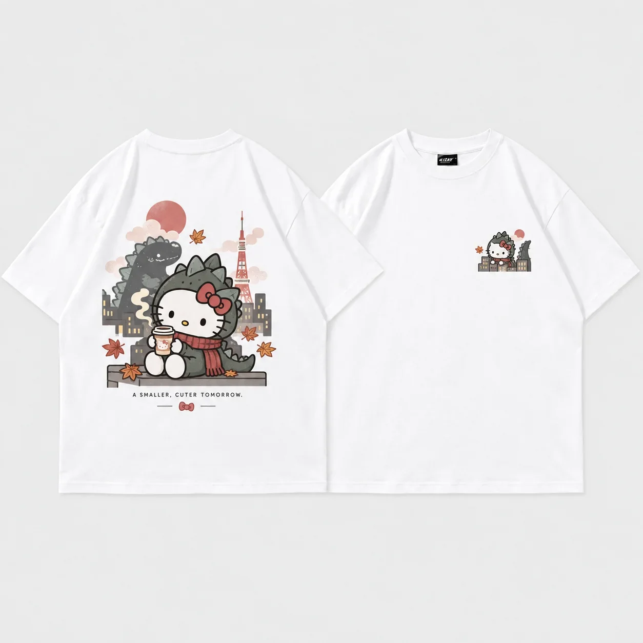 White Tee Men's Women's Sanrio Hello Kitty Godzilla Parent Child Japan Cute Cool Art Print Oversized Short Sleeve Streetwear Top
