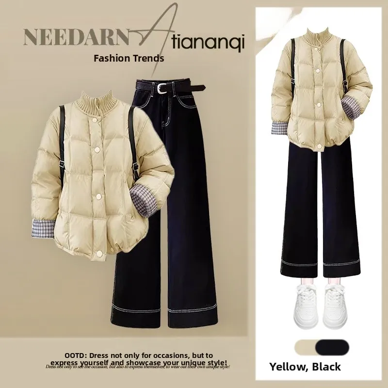 

2026 New Faion Korean Sle Women's Lazy Match Cotton Coat And Jeans Warm Two-Piece Set High Waist Long Pants Winter Outfit
