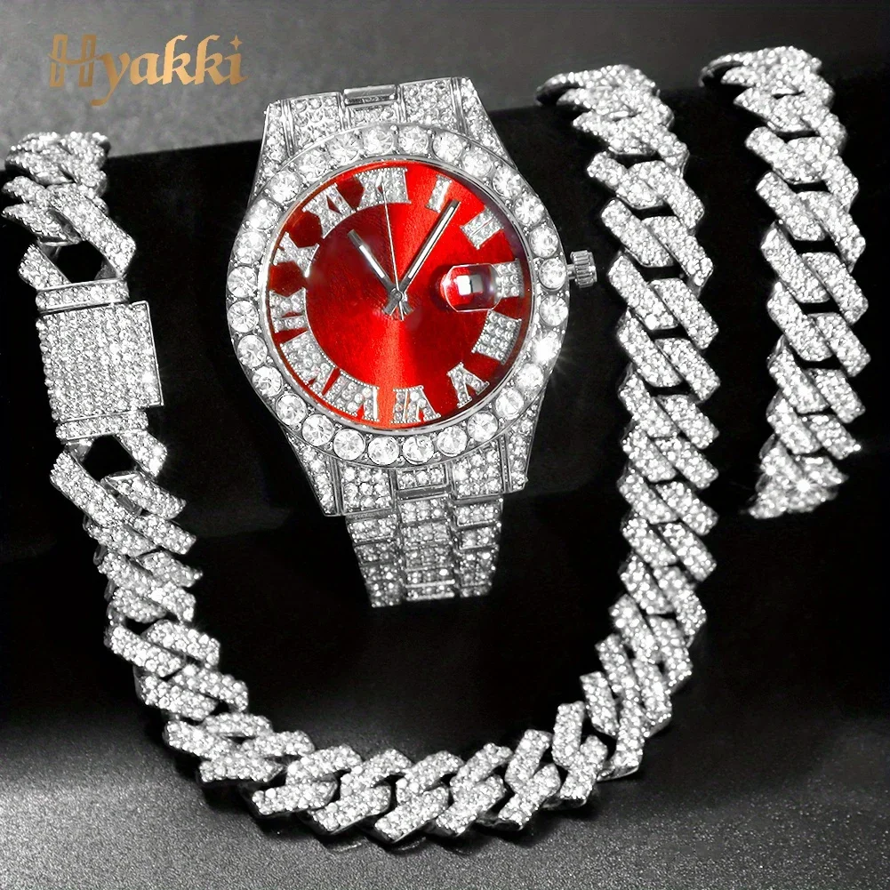 Fashion Rhinestone Wrist Watch & Hip Hop 14MM Prong Cuban Chain & Rapper Cuban Necklaces Set, Punk Party Gift