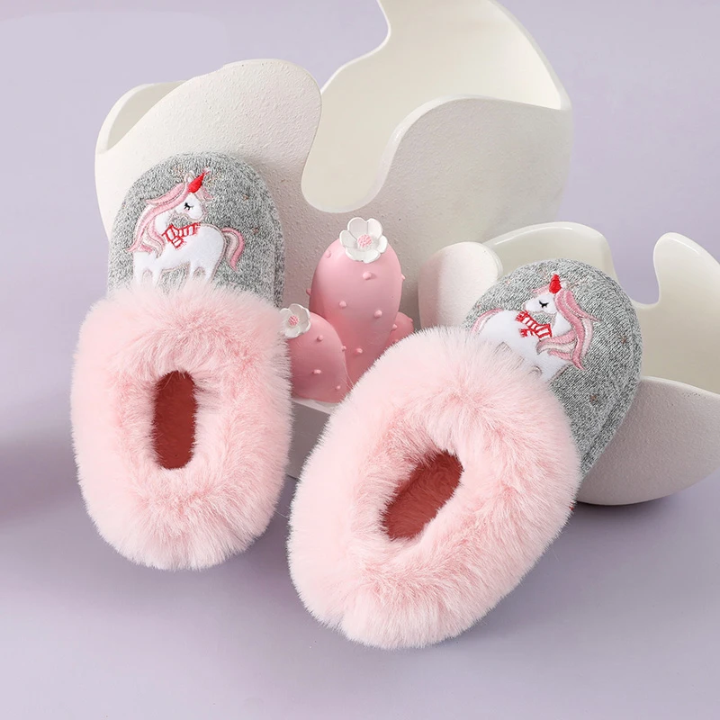 Goosecret Kids Winter Fur Fluffy Slippers Boys Girls Indoor Warm Cute Animals Cotton Shoes Soft Non-slip Cozy Plush House Slides