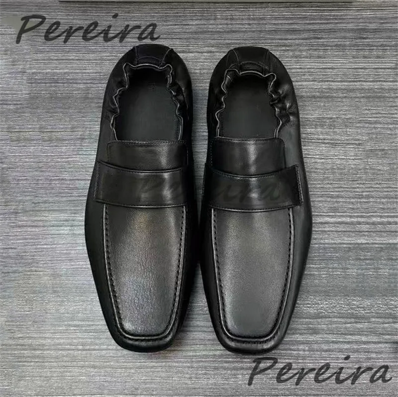Vintage Pleated Leather Loafers British Style Square Toe Slip-On Business Casual Shoes Fashion Comfortable Party Shoes Plus Size