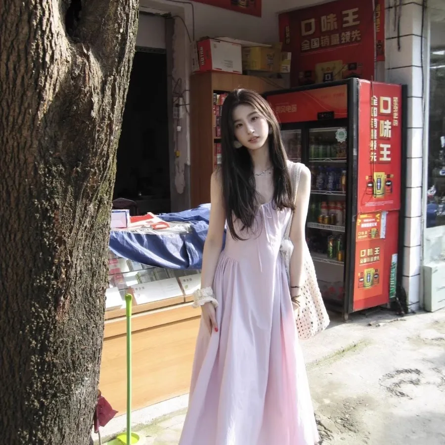 

【New style】French temperament gentle style purple suspender dress women's 2026 summer new style loose slimming waist long dress