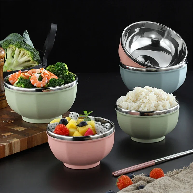 304 Stainless Steel Double Layer Anti-Scalding Rice Bowl Home Tableware Ramen Noodles Fruit Salad Bowls Kitchen Food Container