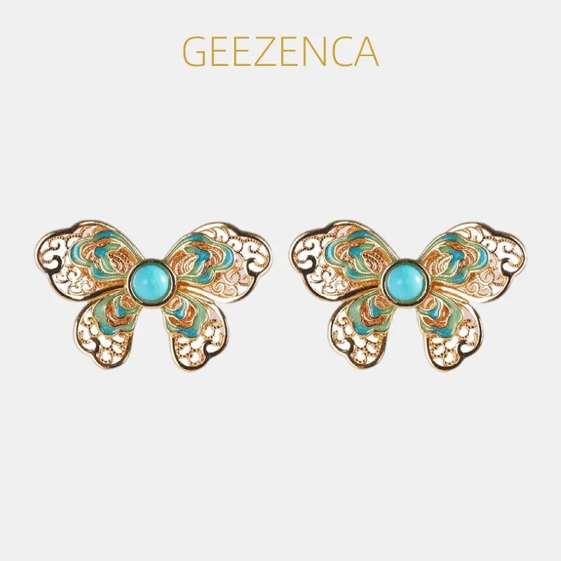 

GEEZENCA 925, серебряные позолоченные серьги-гвоздики с бирюзовой эмалью, женские изящные модные массивные серьги-гвоздики с бабочкой для пирсинга, подарок