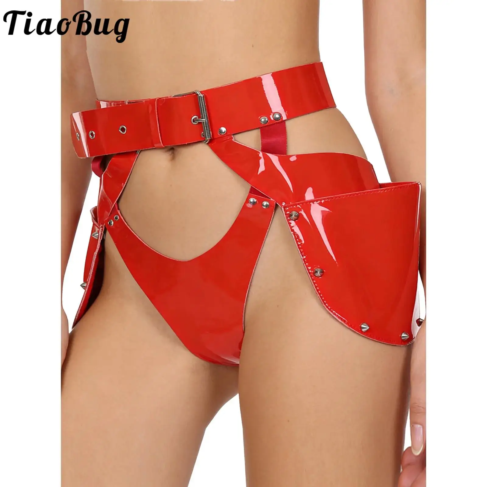 

Women Glossy PU Leather Panties Underwear Studs Gothic Lingerie Adjustable Waist Cutout Briefs with Side Pockets Nightclub Party