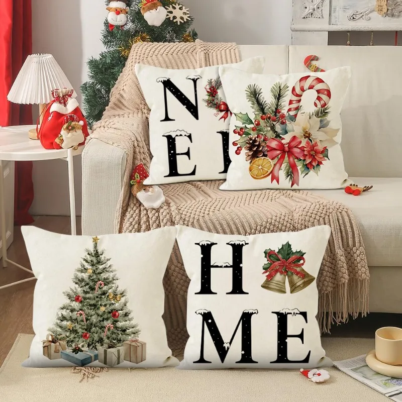 

Merry Christmas Tree Throw Pillow Covers,45x45cm Holiday Cushion Case Decoration for Home Sofa Couch Set of 4