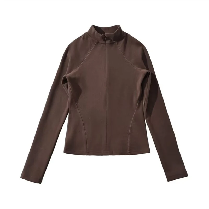 Fashion New Solid Color Commute Half High Collar Zipper Spliced Long Sleeve Slim T-Shirts Odzież damska Tops Jesień Zima